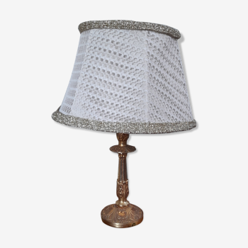Vintage golden brass bedside lamp, openwork fabric lampshade