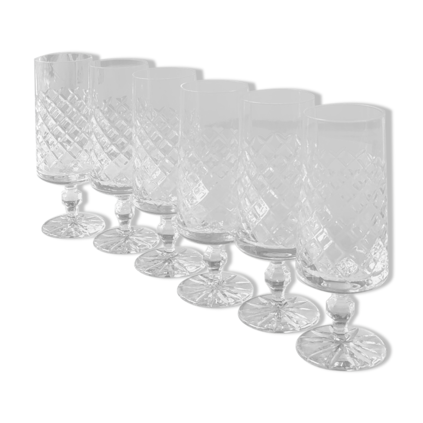 Set 6 champagne flutes, Lorraine crystal. Diamond/crosshair patterns. High 16 cm