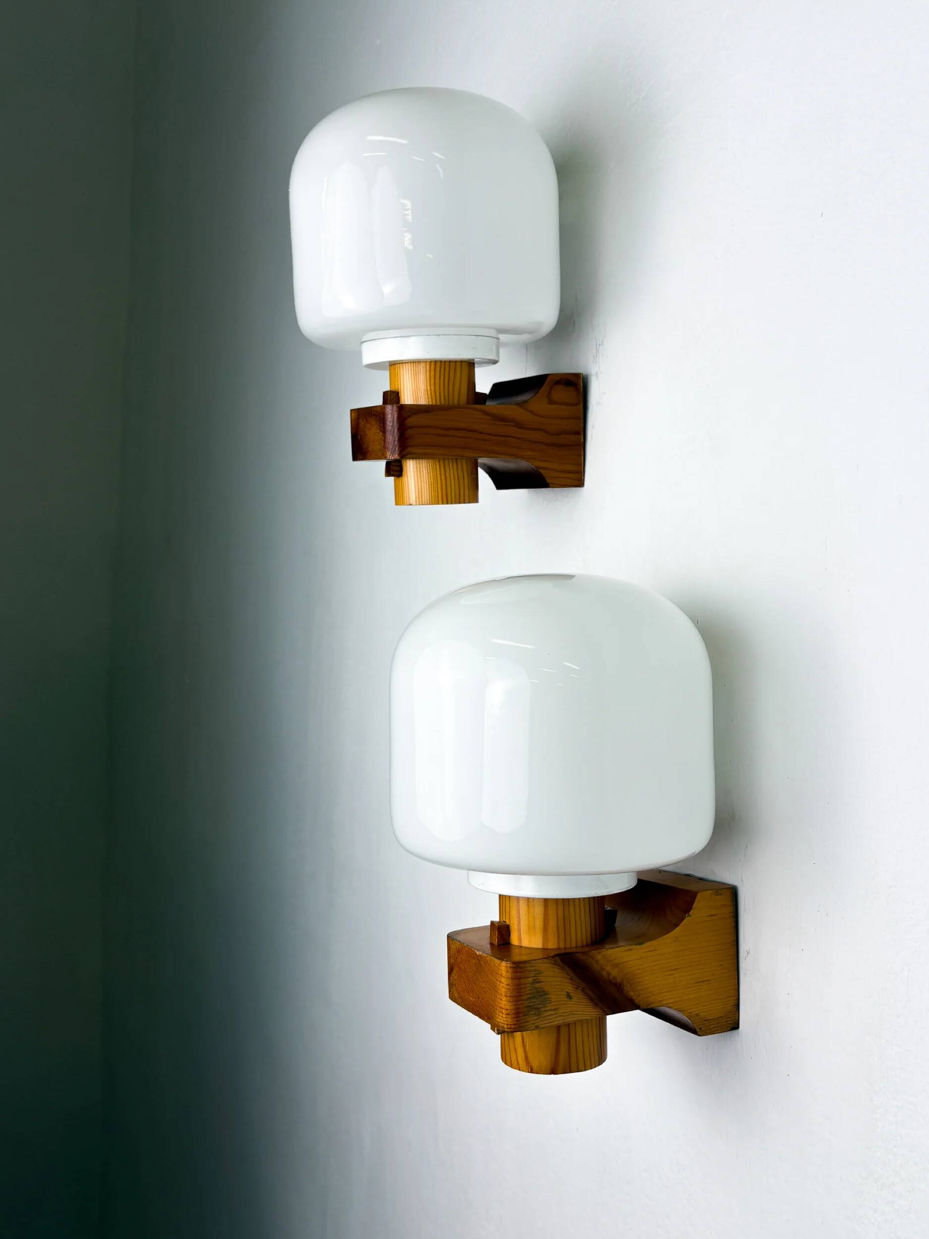 Pair of Nordic pine wood & opaline wall lights – Denmark 1970s
