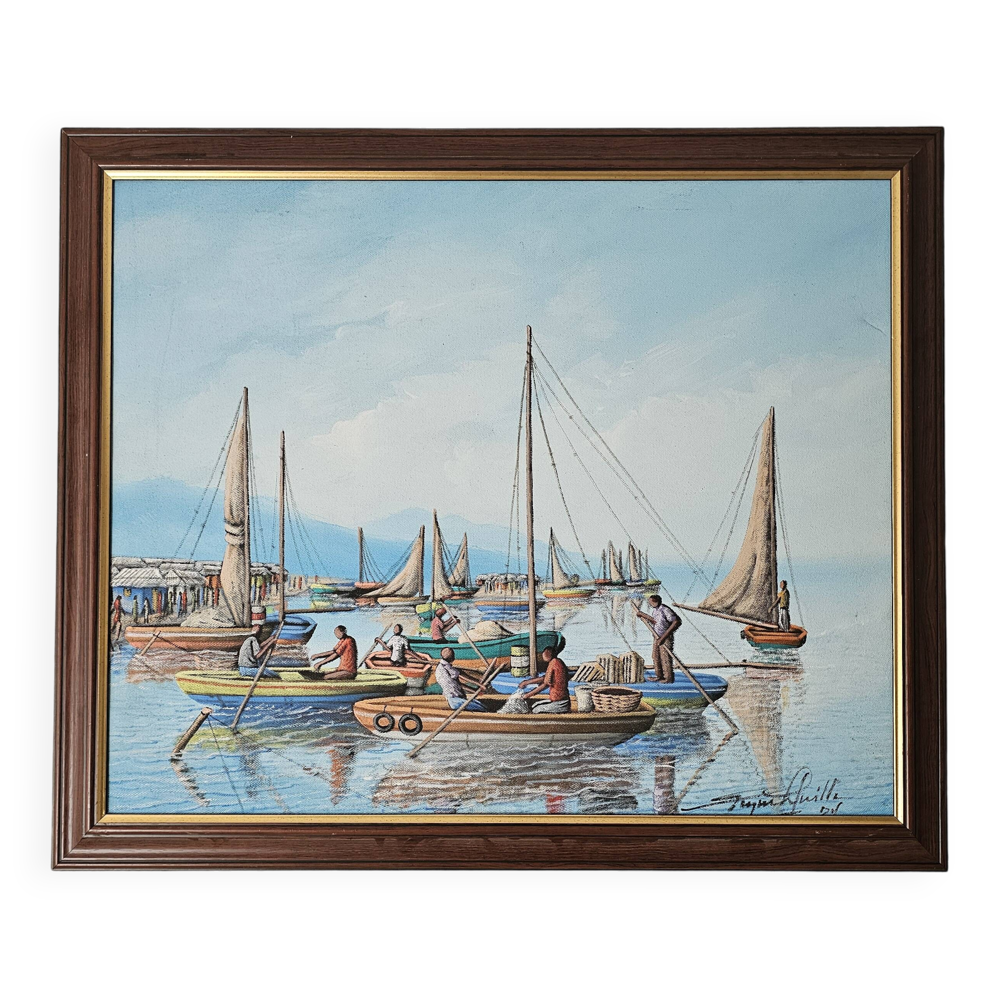 Oil painting on canvas Fishing port in Africa signed Raymond Lafaille