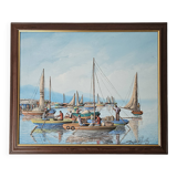 Oil painting on canvas Fishing port in Africa signed Raymond Lafaille