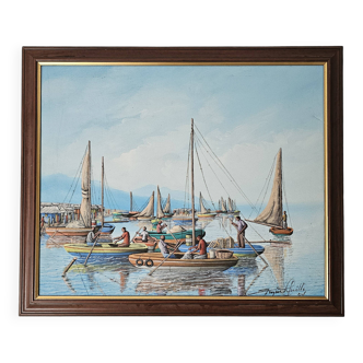 Oil painting on canvas Fishing port in Africa signed Raymond Lafaille