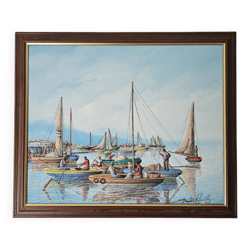 Oil painting on canvas Fishing port in Africa signed Raymond Lafaille