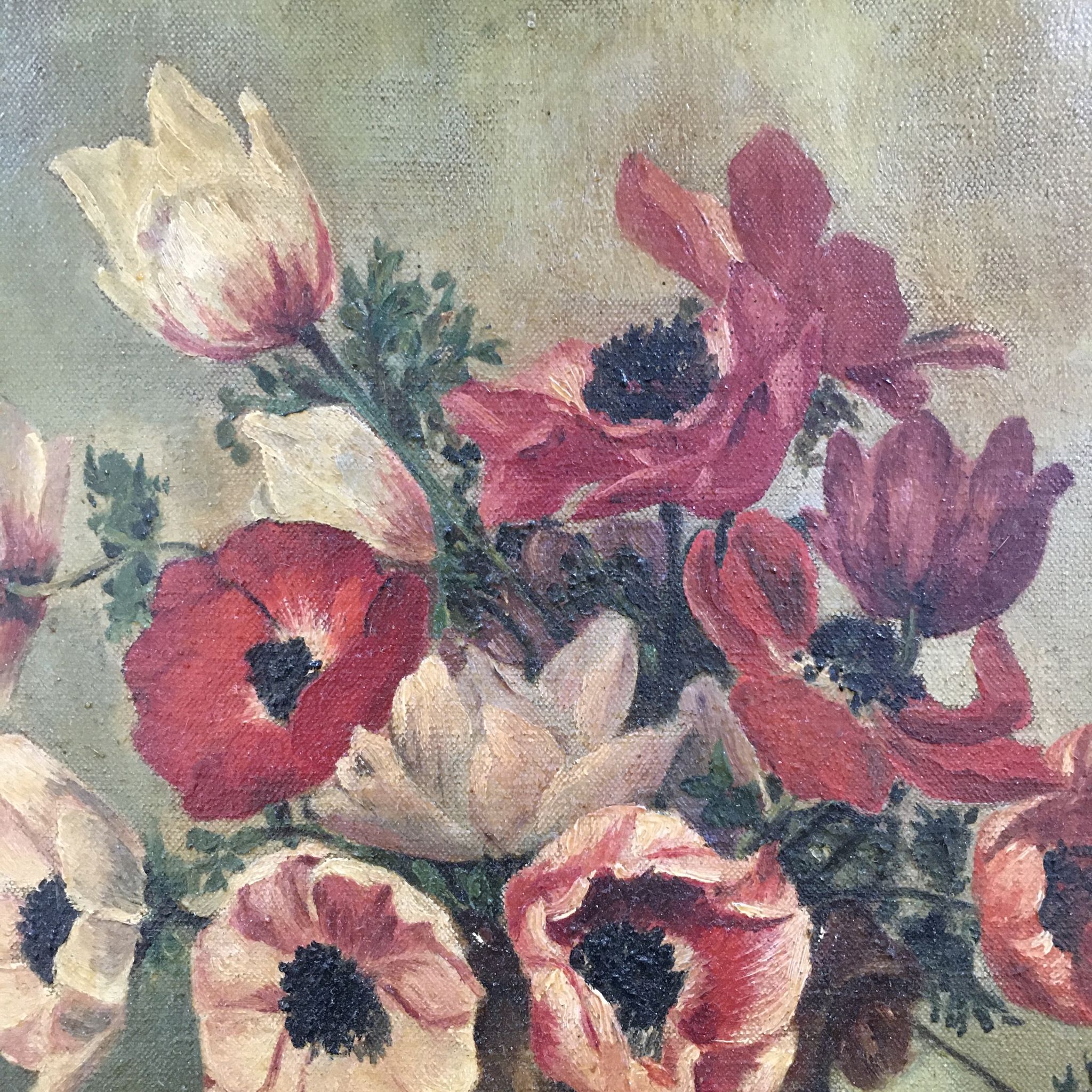 Tableau ancien bouquet d’anémones
