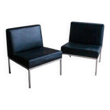 Set of 2 Black Leather Minimalist Lounge Chairs with Brushed Metal Frame
