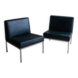 Set of 2 Black Leather Minimalist Lounge Chairs with Brushed Metal Frame