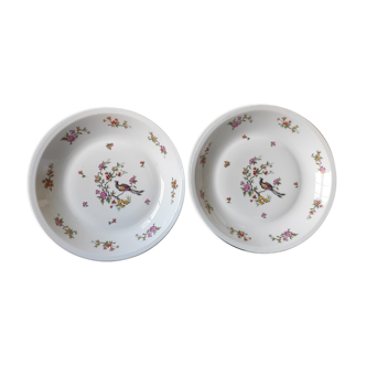 2 large hollow dishes / limoges / crown / birds / porcelain