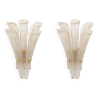 Pair of 20th Century Modern Sconces in Frosted Murano glass and Gold Leaf