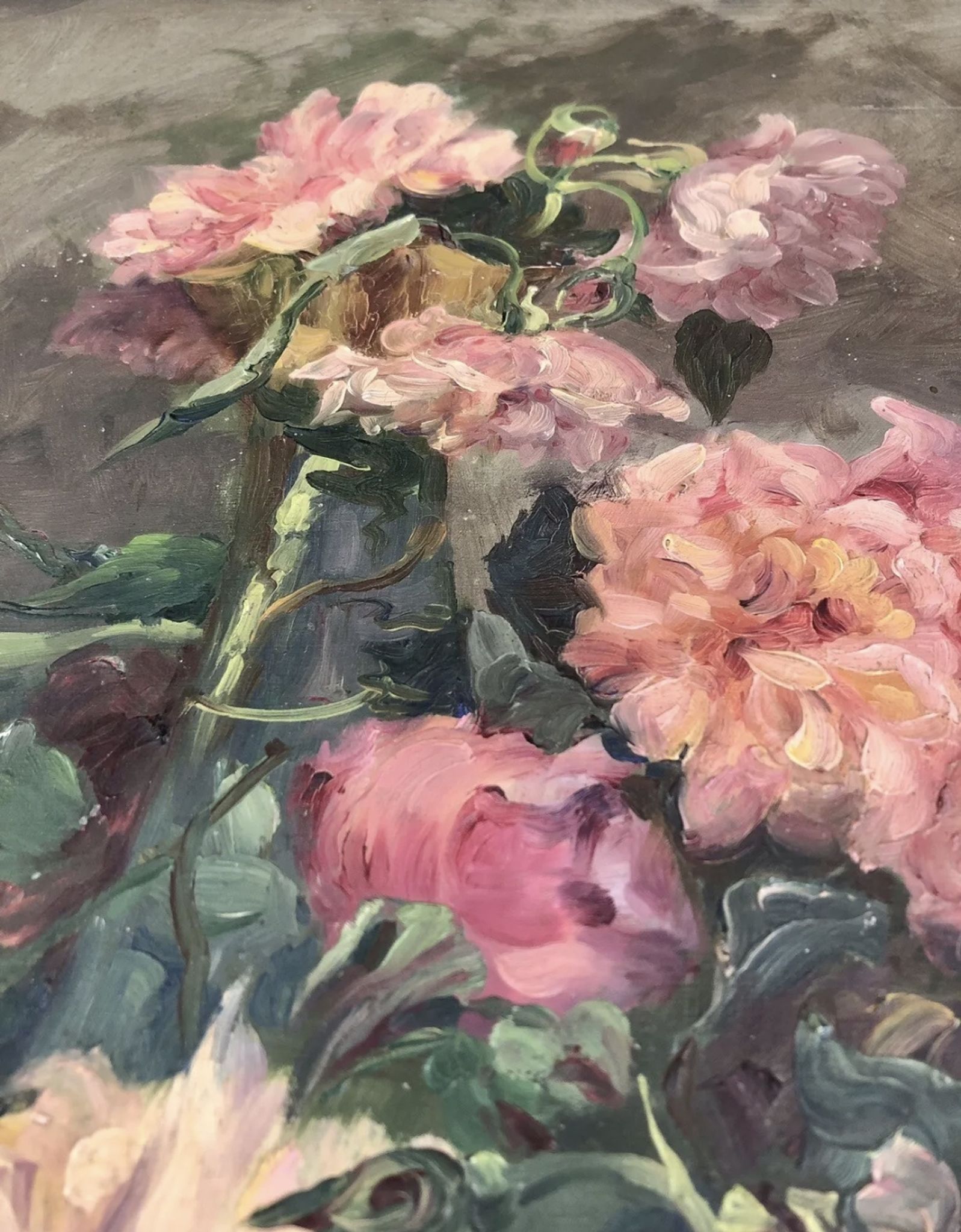François Félix Roubaud Still life oil on wooden panel bouquet roses peonies XIX