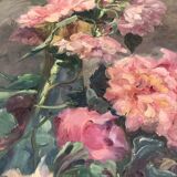 François Félix Roubaud Still life oil on wooden panel bouquet roses peonies XIX