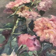 François Félix Roubaud Still life oil on wooden panel bouquet roses peonies XIX