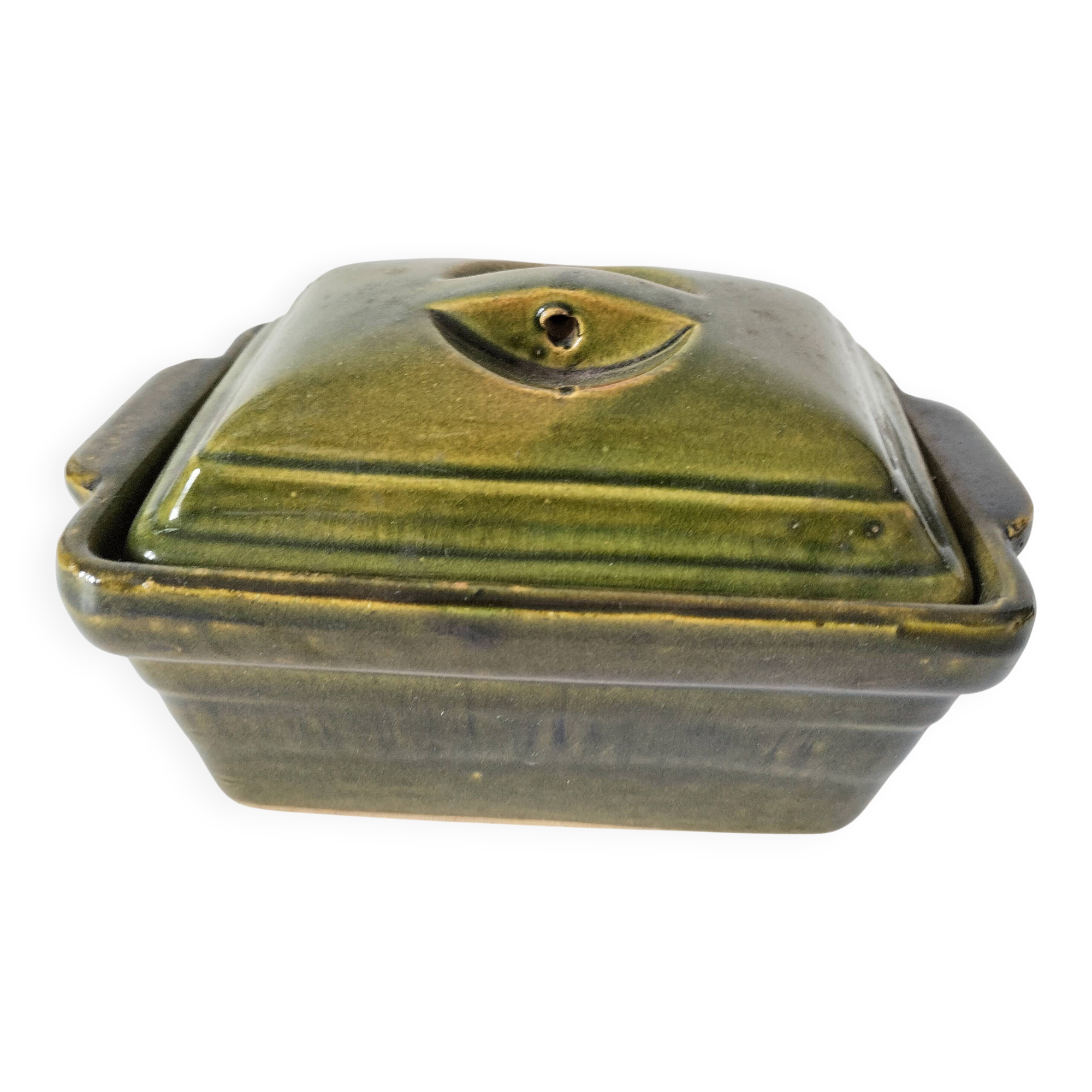 Small terrine in olive green glazed earthenware