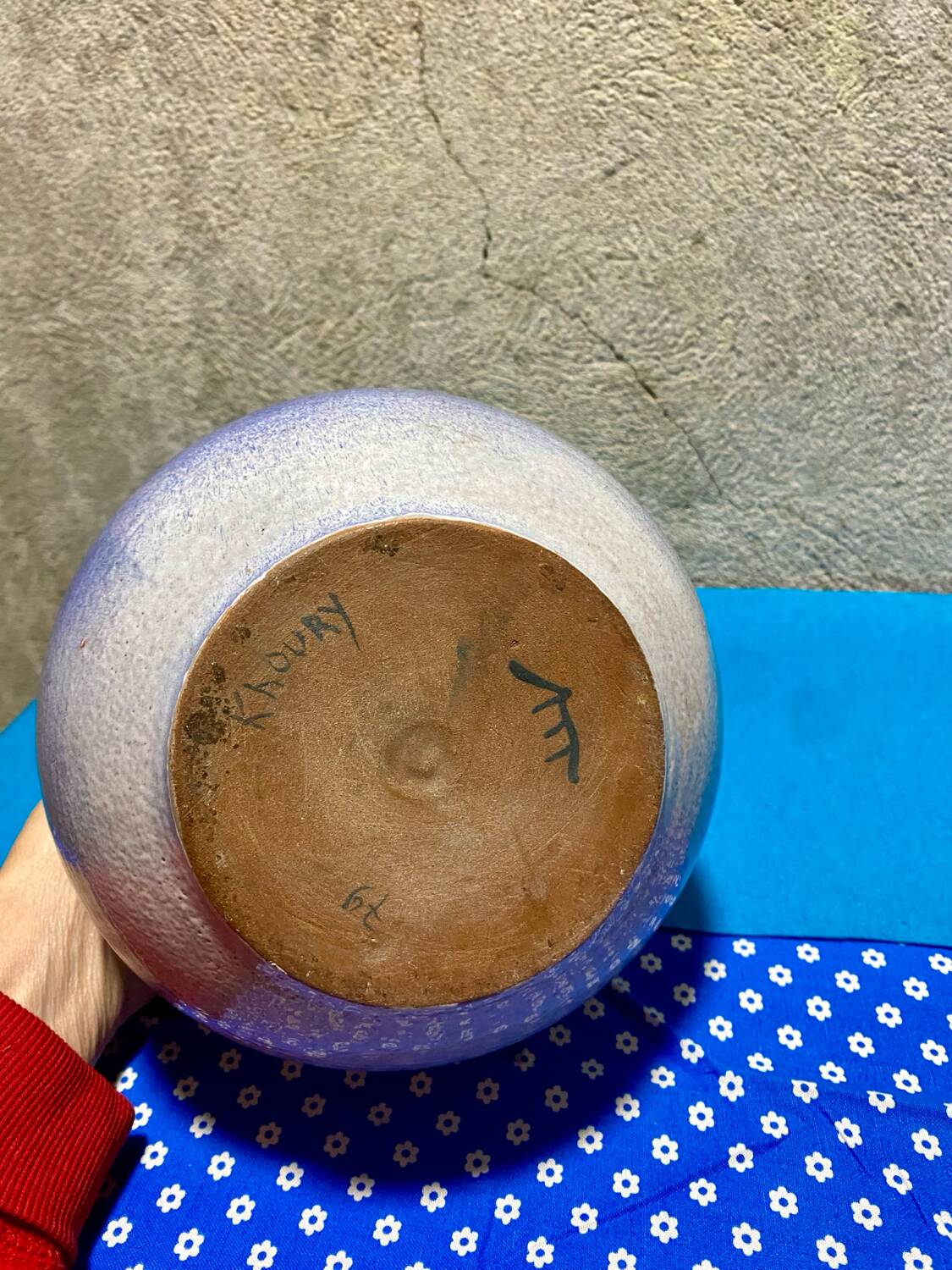 Blue ball vase signed Khoury