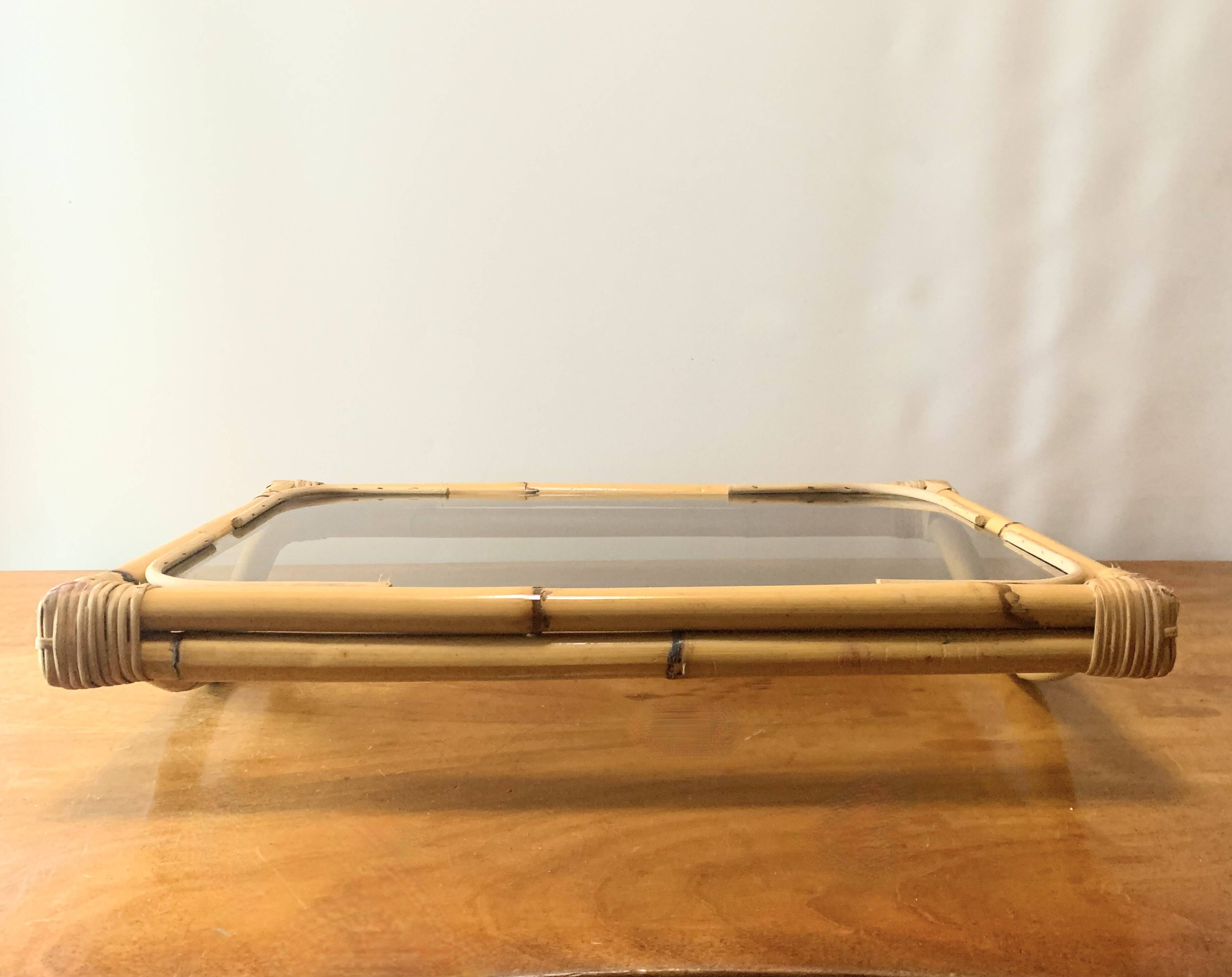 Large vintage tray in bamboo and smoked glass