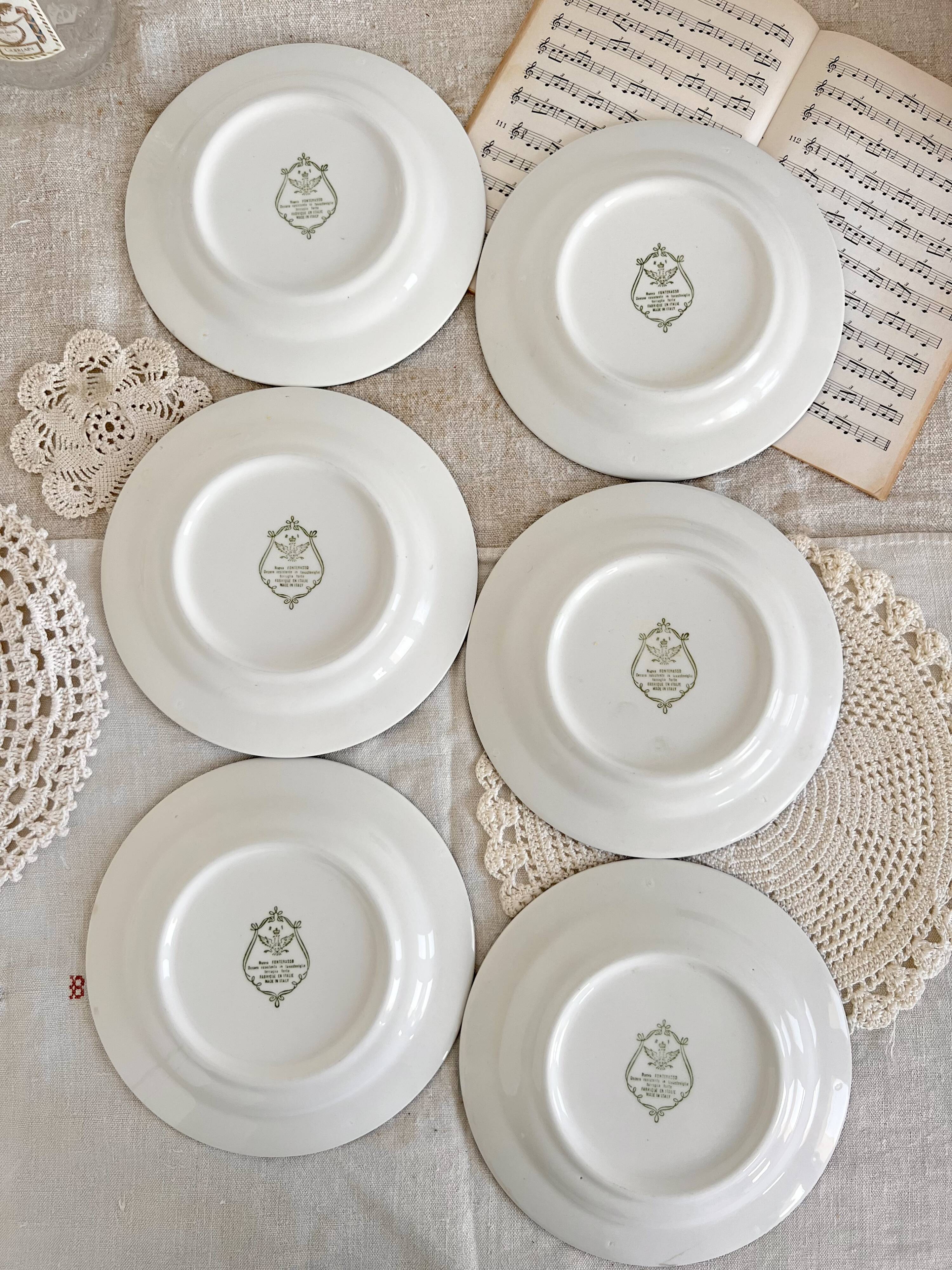 6 vintage Italian porcelain dessert plates with double blue edges