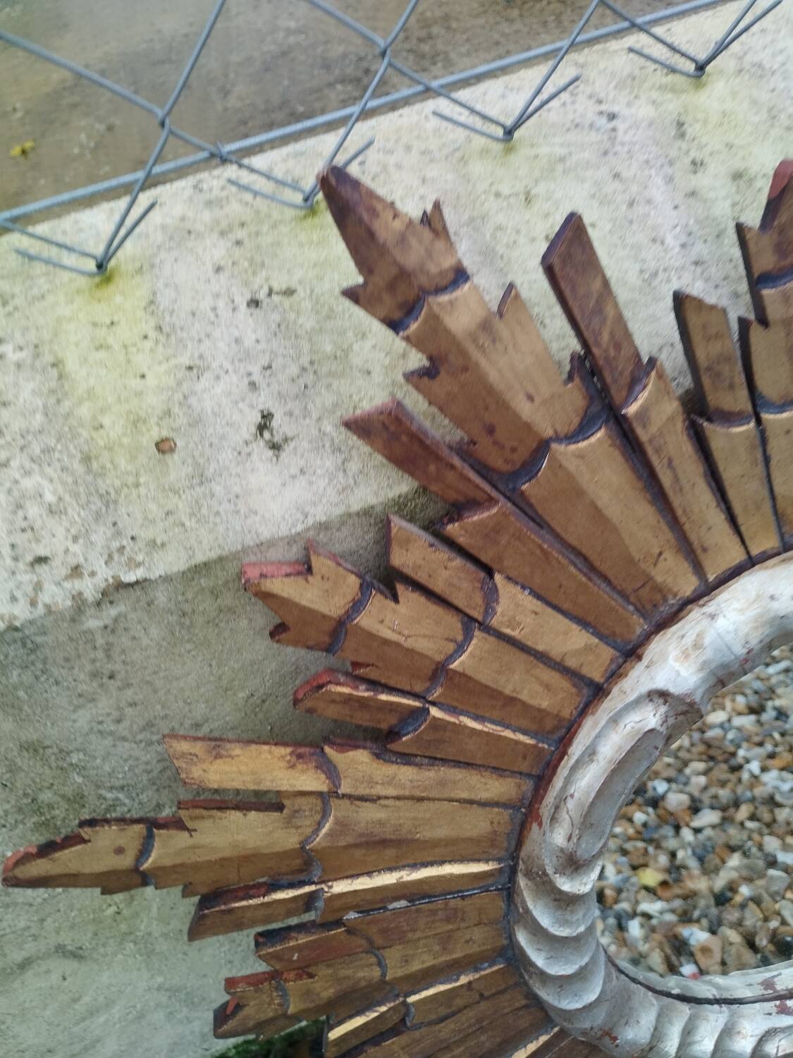 Vintage antique golden wooden sun mirror