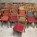 Series of 25 vintage Baumann bistro chairs in curved wood sitting Skaï or wood