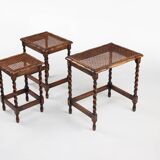 20th Century set of 3 oak and rattan nesting tables