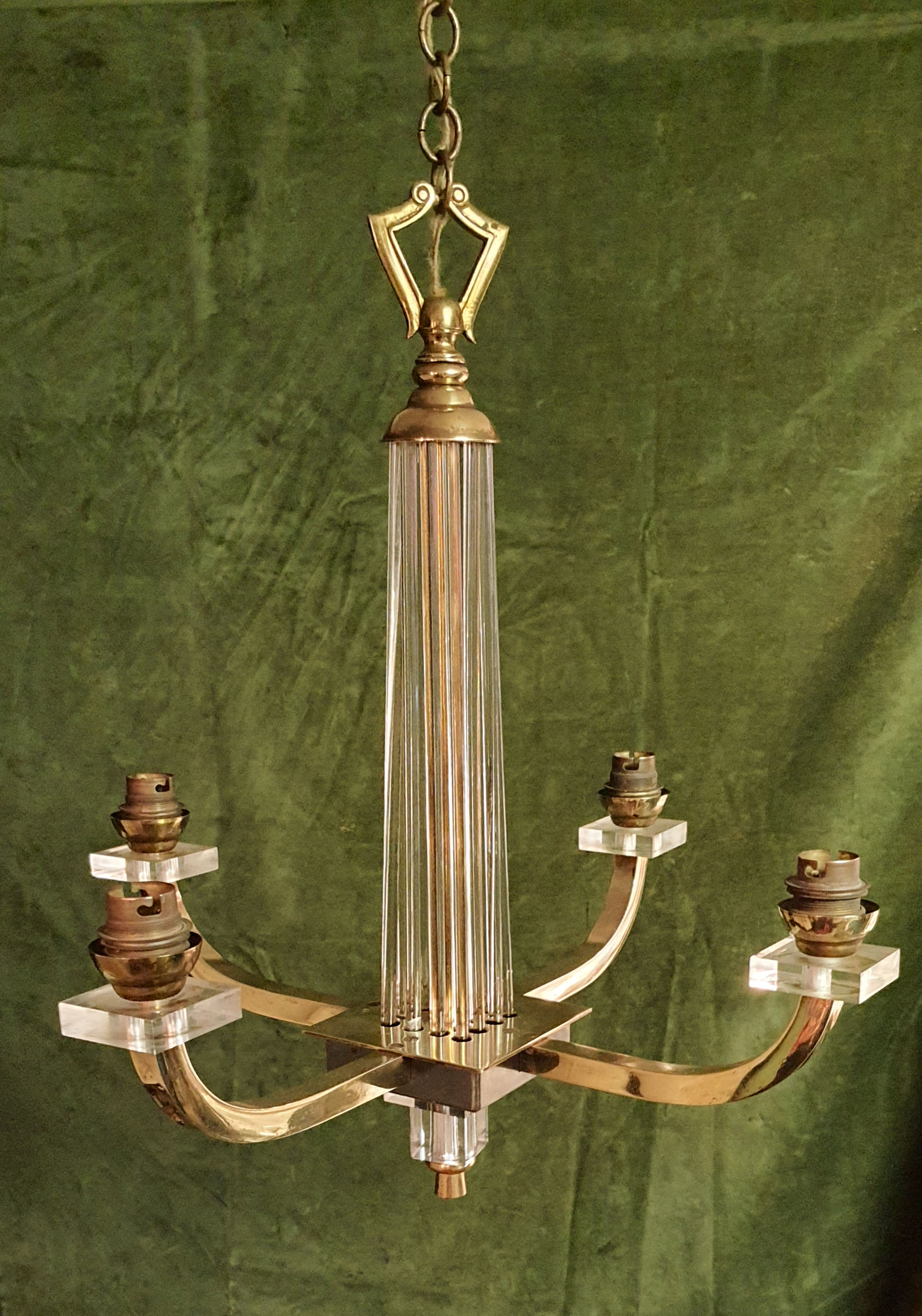 Art deco brass and glass chandelier 1940