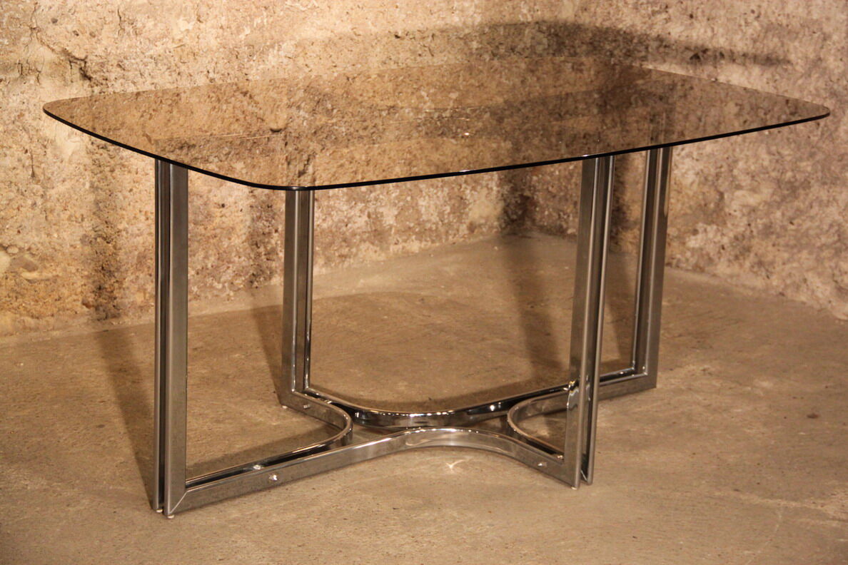 Dining table glass smoke base chromed metal 1970