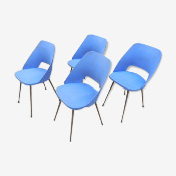 Ensemble de 4 chaises tonneau en skaï bleu