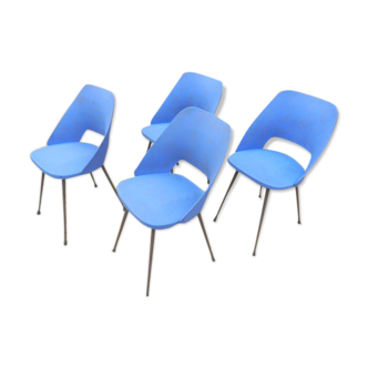 Ensemble de 4 chaises tonneau en skaï bleu