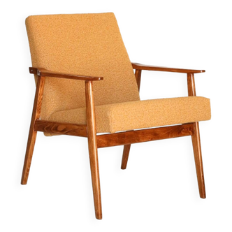 Fauteuil vintage Milieu du siècle design moderne jaune boucle douce 1970 style scandinave original chaise de salon couleur bois de chêne clair