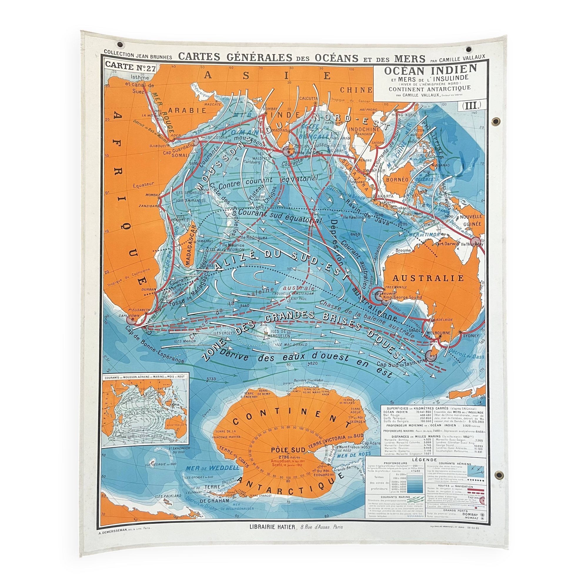 Old school map Hatier 27, 1940 - Indian Ocean, Antarctica