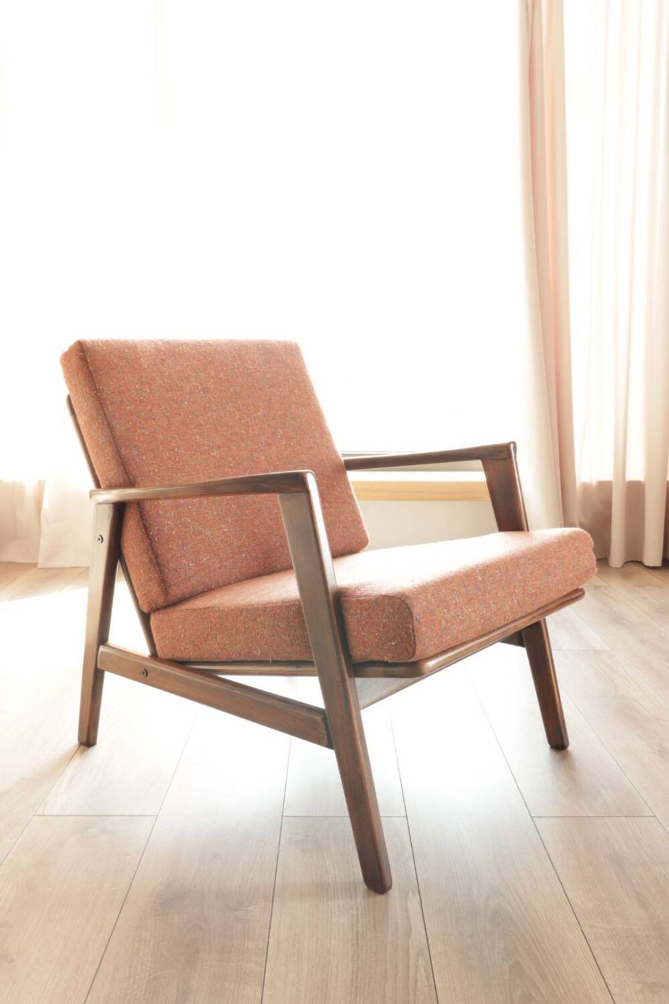Vintage Wooden Armchair Tweed Upholstery Cushions Mid Century Design