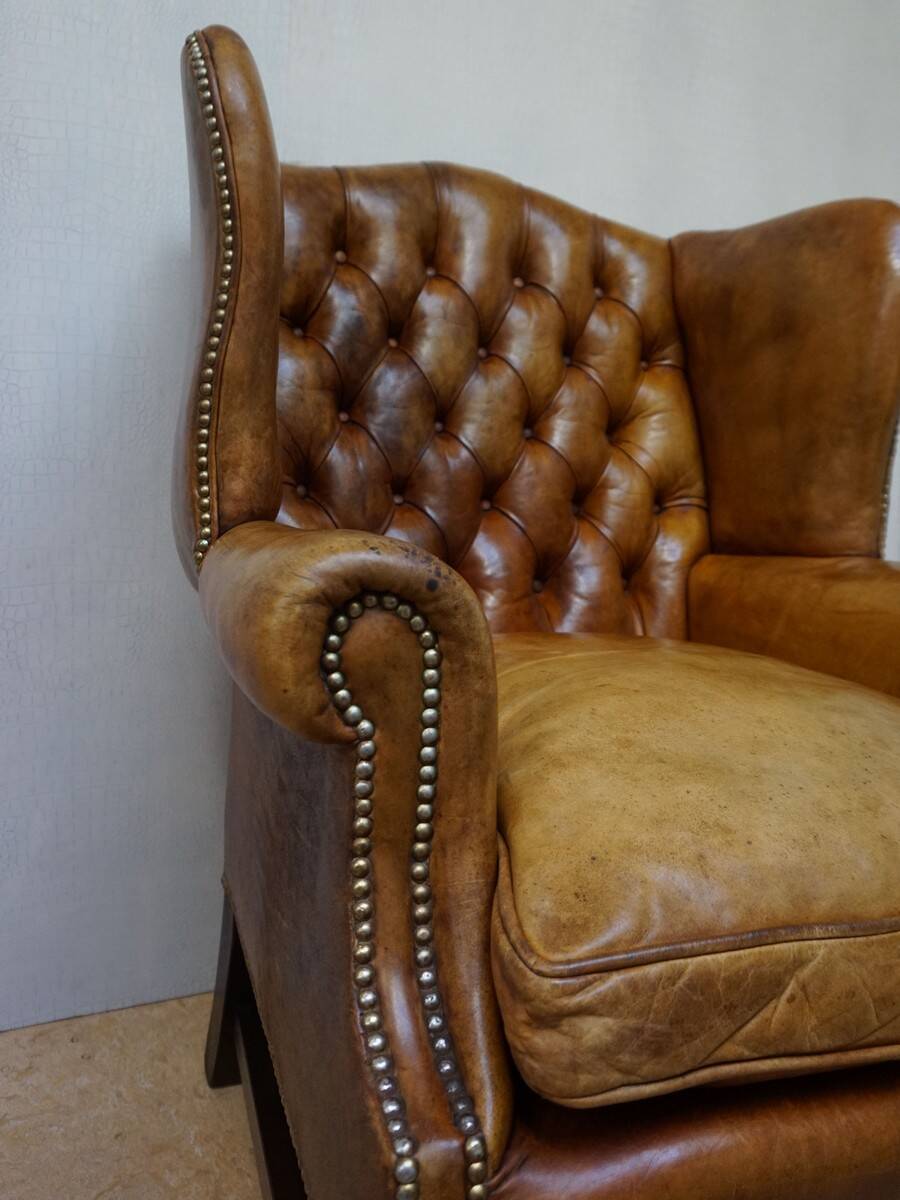 Vintage Cognac Leather Wingback Chesterfield Armchair, England 1940s