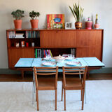 Blue formica table extensions and 2 drawers
