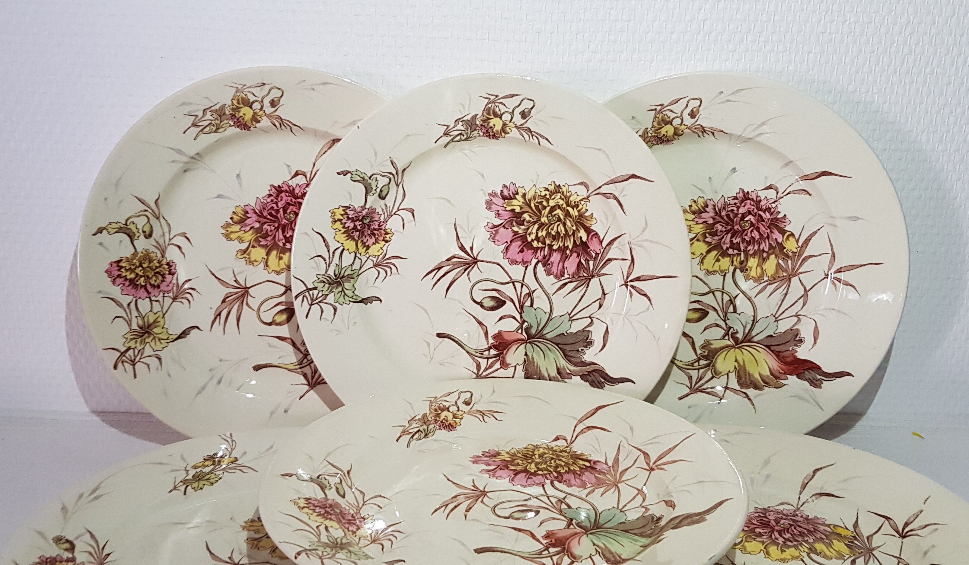 Set of 6 dessert plates in Luneville earthenware, iron earth, polychrome