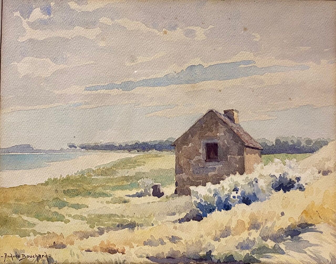Old painting, landscape, signed Andrée Bouchard, 1950s