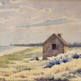 Old painting, landscape, signed Andrée Bouchard, 1950s