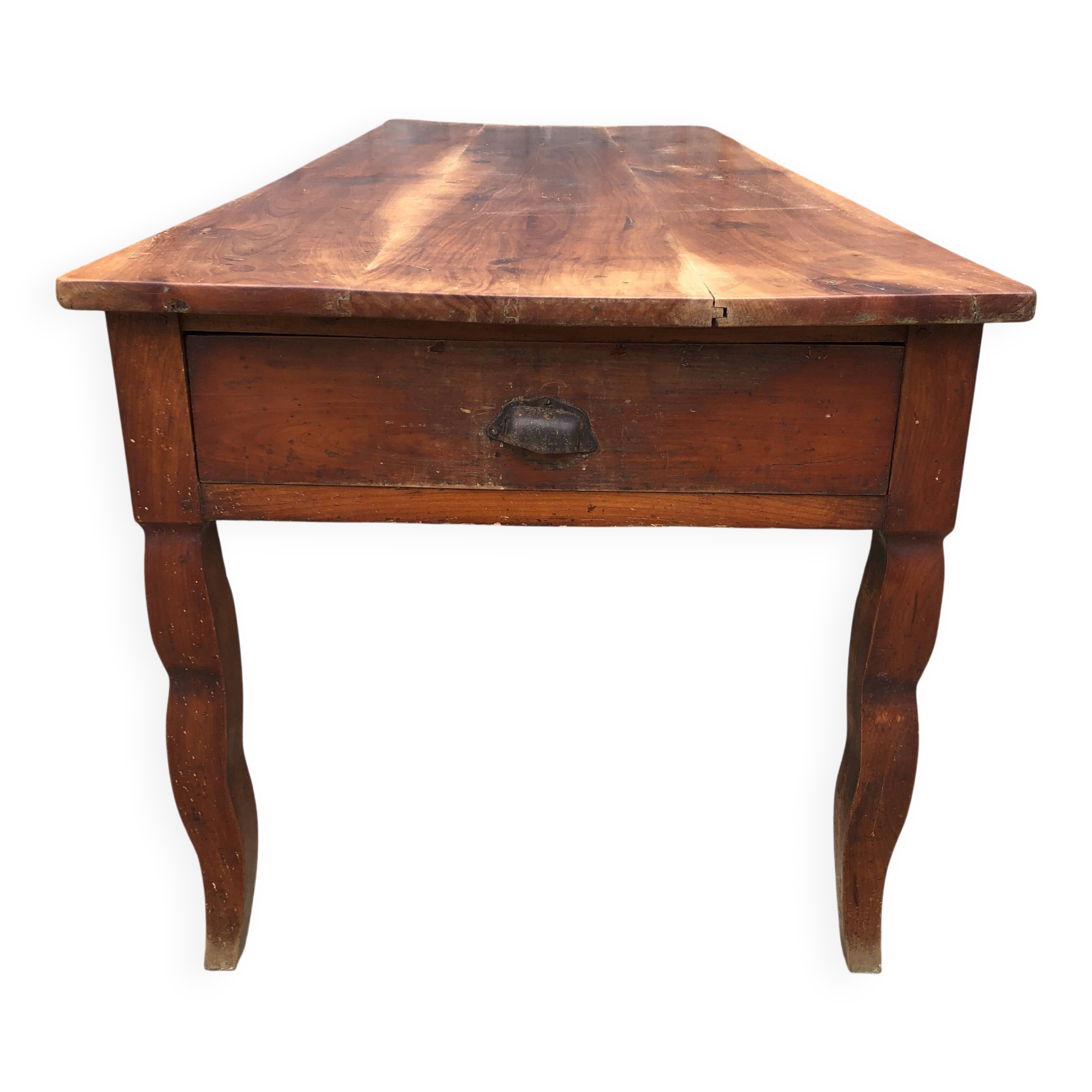 Table de ferme ancienne en cerisier massif avec 2 tiroirs et une tirette