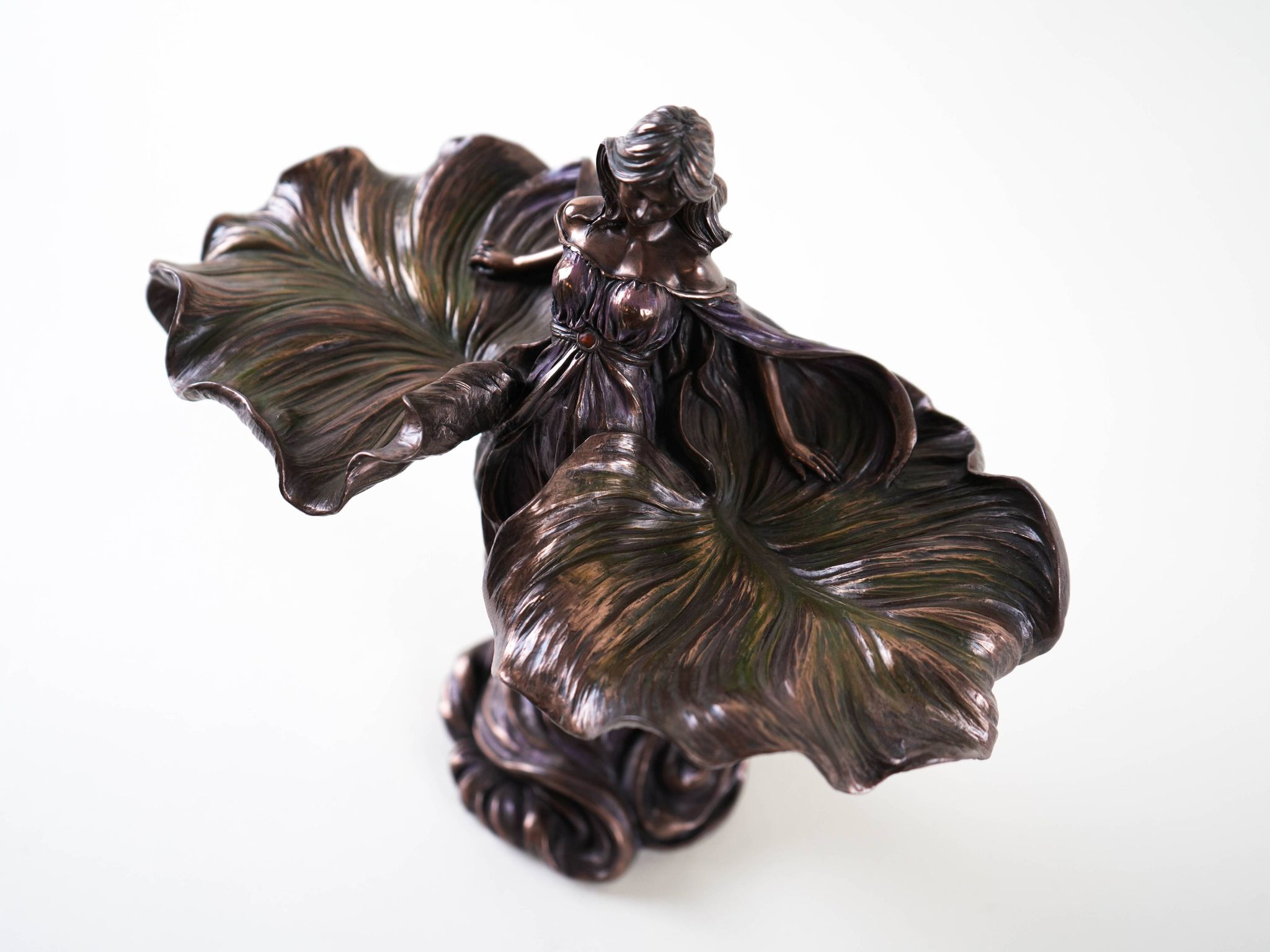 Brass female figurine in Art Deco style with floral motifs, European decorative art