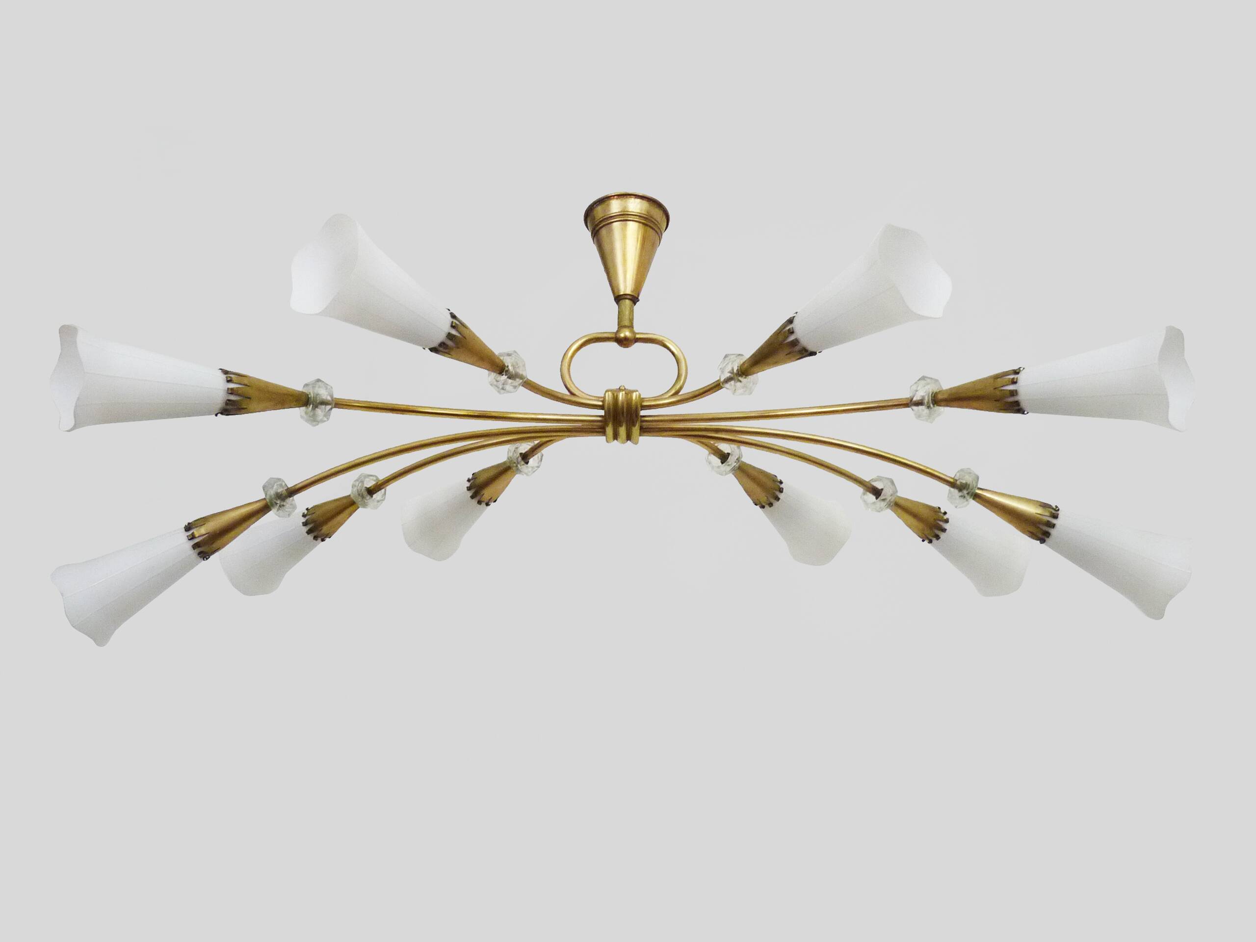 Modernist chandelier with 10 brass branches and white glass tubes, 1970s