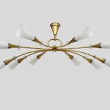 Modernist chandelier with 10 brass branches and white glass tubes, 1970s
