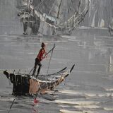 peinture marine voiliers bord de mer en Asie HSP signé