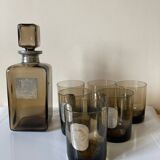 Alcohol carafe with 6 glasses in smoked glass and pewter