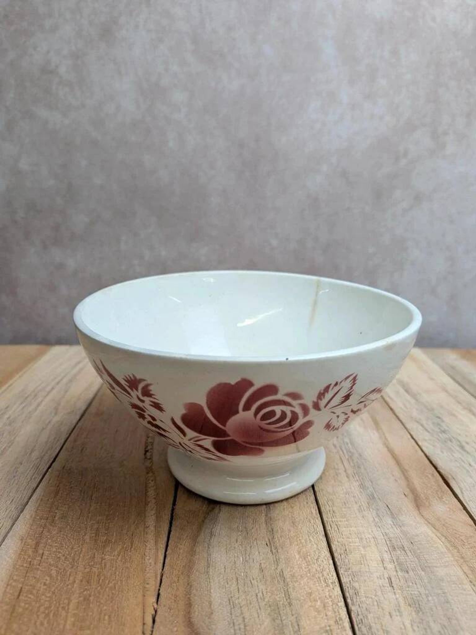 Old ironstone bowl from Digoin – Pink floral decoration – Vintage