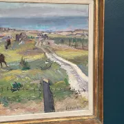 Original Swedish Oil on Canvas – "Coastal Scene with Horses" by Georg Lodström – Signed – 1947 – Framed – 77 × 66 cm