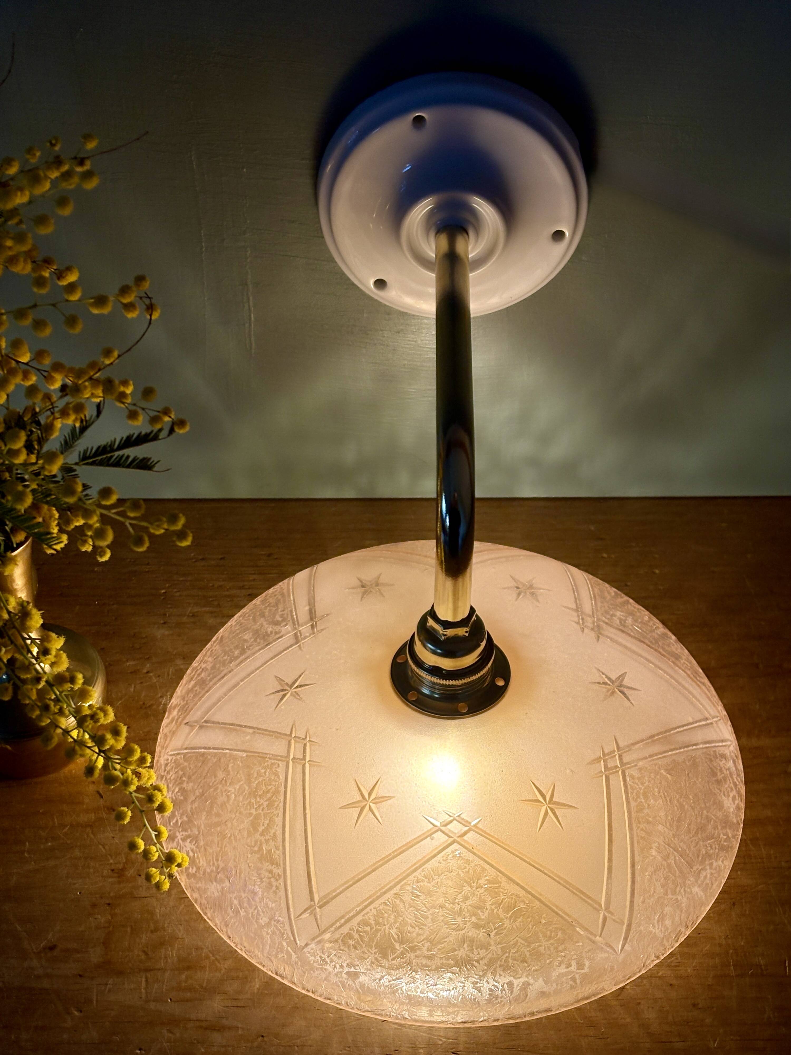 Vintage pink frosted glass wall lamp with elbow arm