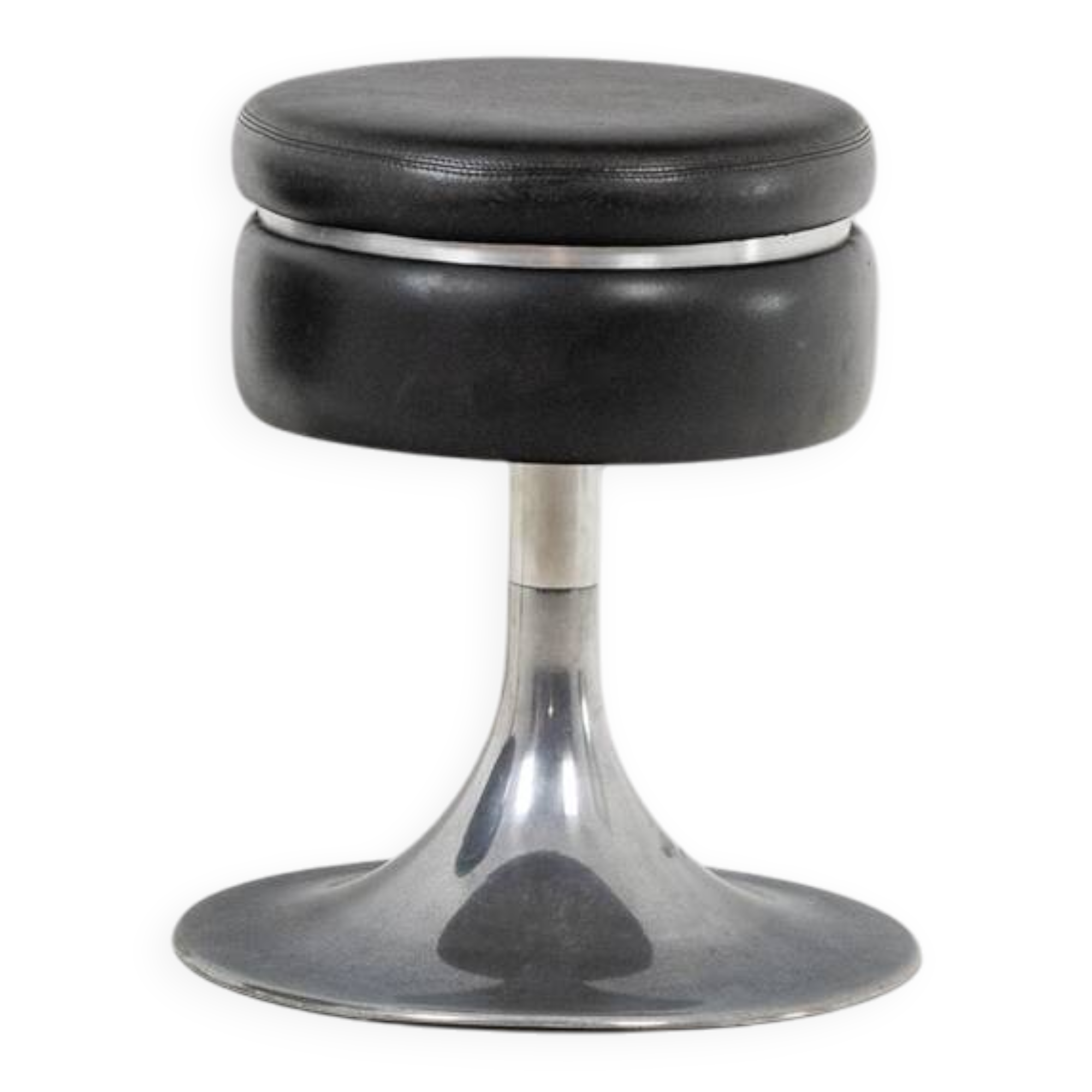 Low cylindrical black stool with steel base. 1970s
