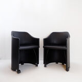 Pair of Artona armchairs in black leather by Afra and Tobia Scarpa for Maxalto