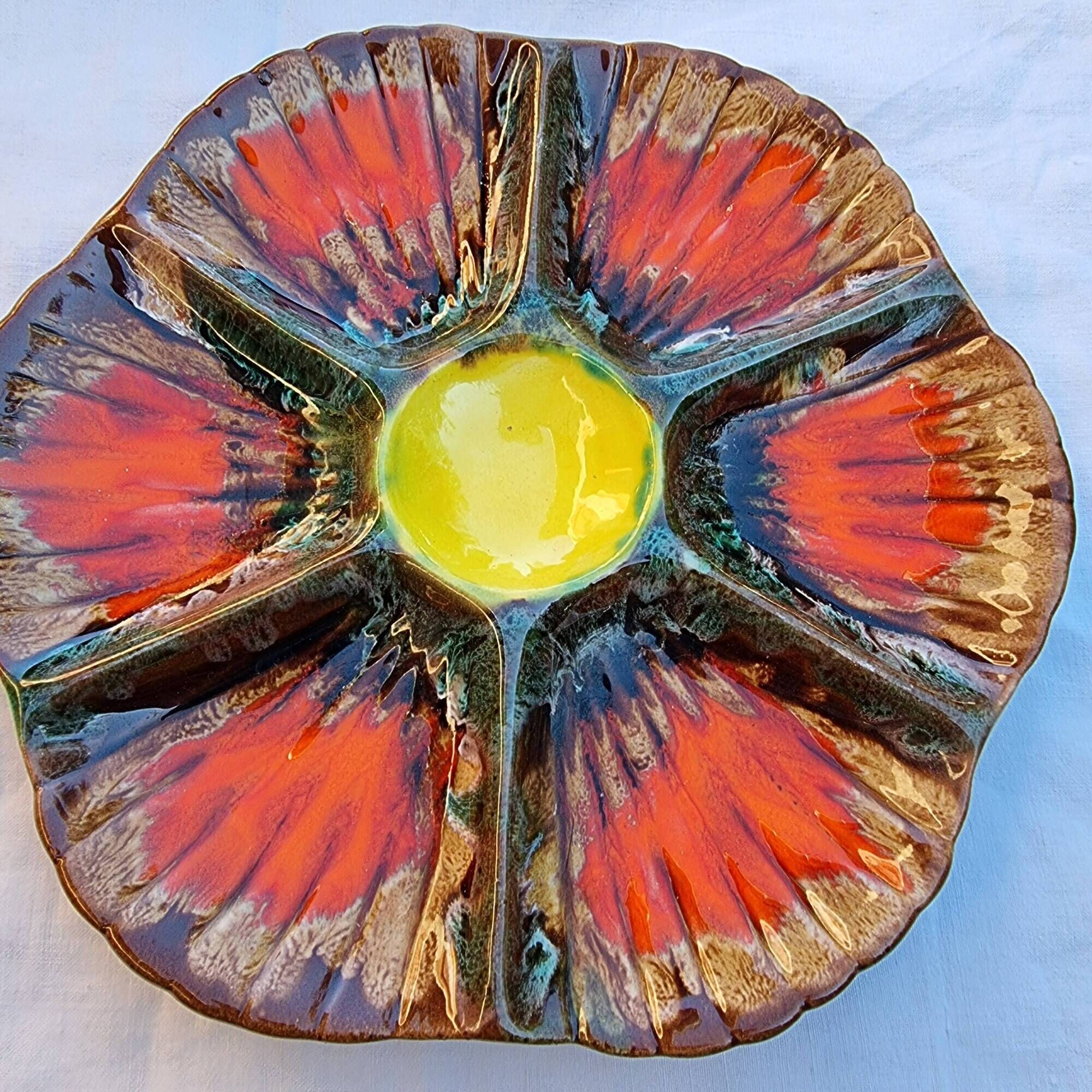 Ceramic oyster dish for 6 Barbotina handcrafted painted and enameled from Vallauris France 1970s