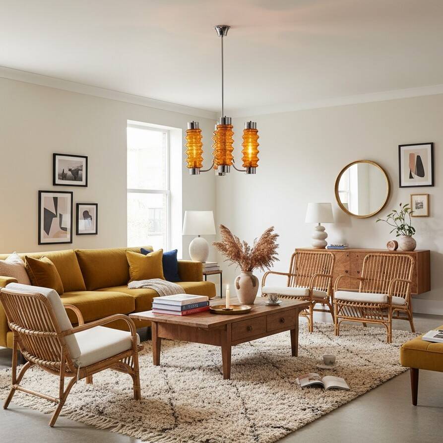 Mid Century Modern large chandelier with amber glass