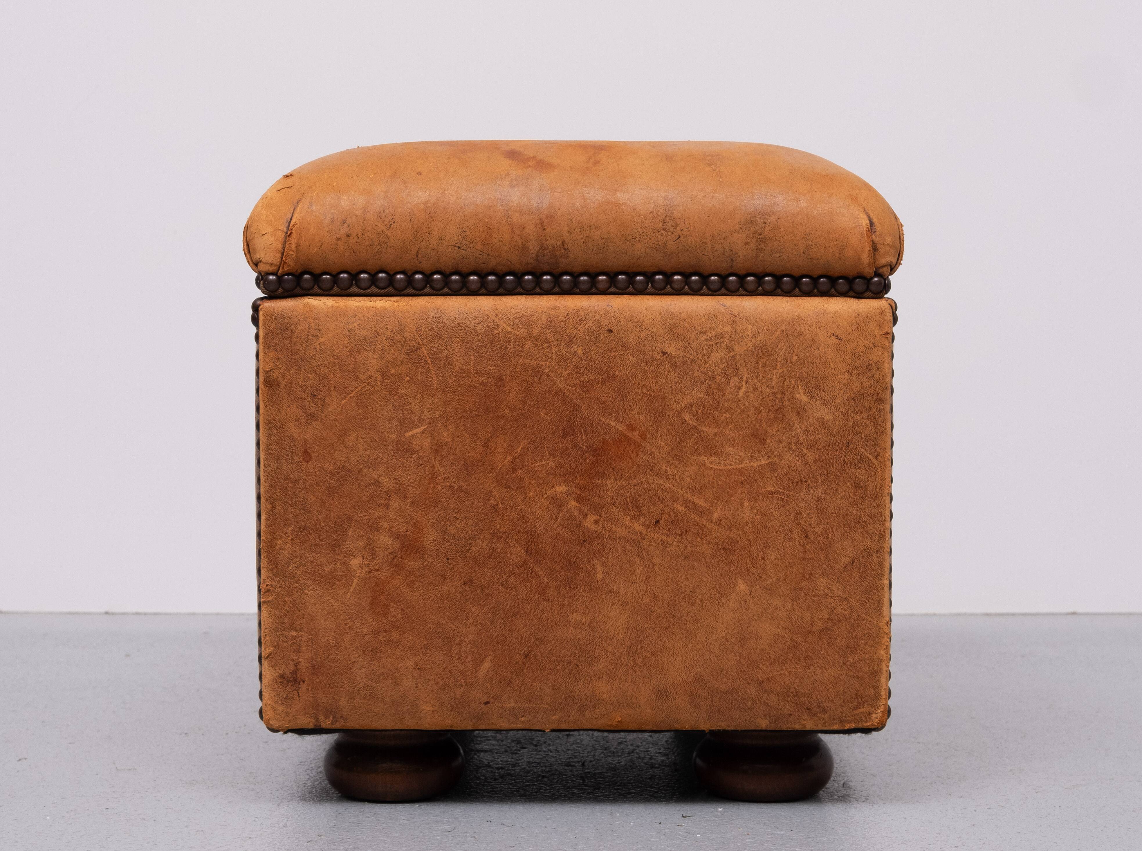 Sheepskin Leather pouf or Ottoman with storage 1970s