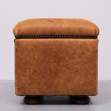 Sheepskin Leather pouf or Ottoman with storage 1970s