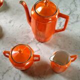 Iridescent orange porcelain coffee set from the 50s-60s with black edging